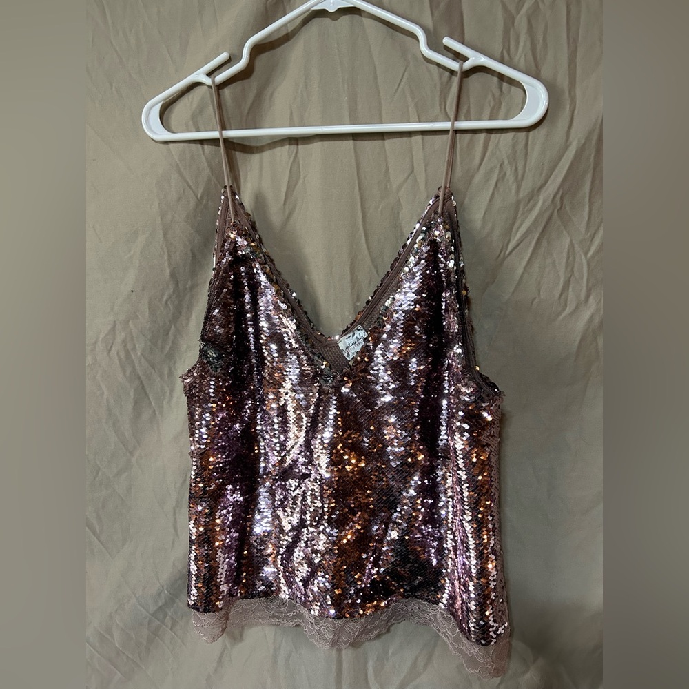 Free People Rose Gold Sequin V-Neck Tank